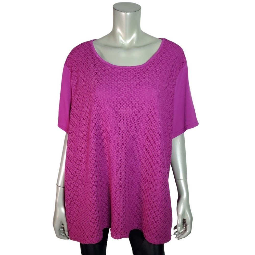 NorthCrest Top Plus Size 3X Crochet Overlay‎ Stretch Short Sleeve Casual Purple